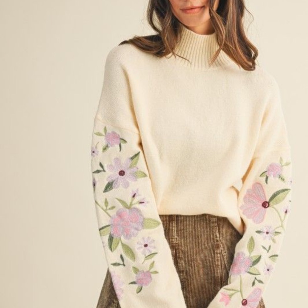 Annie Cream Mock Neck Sweater with Pink & Green Floral Sleeves
